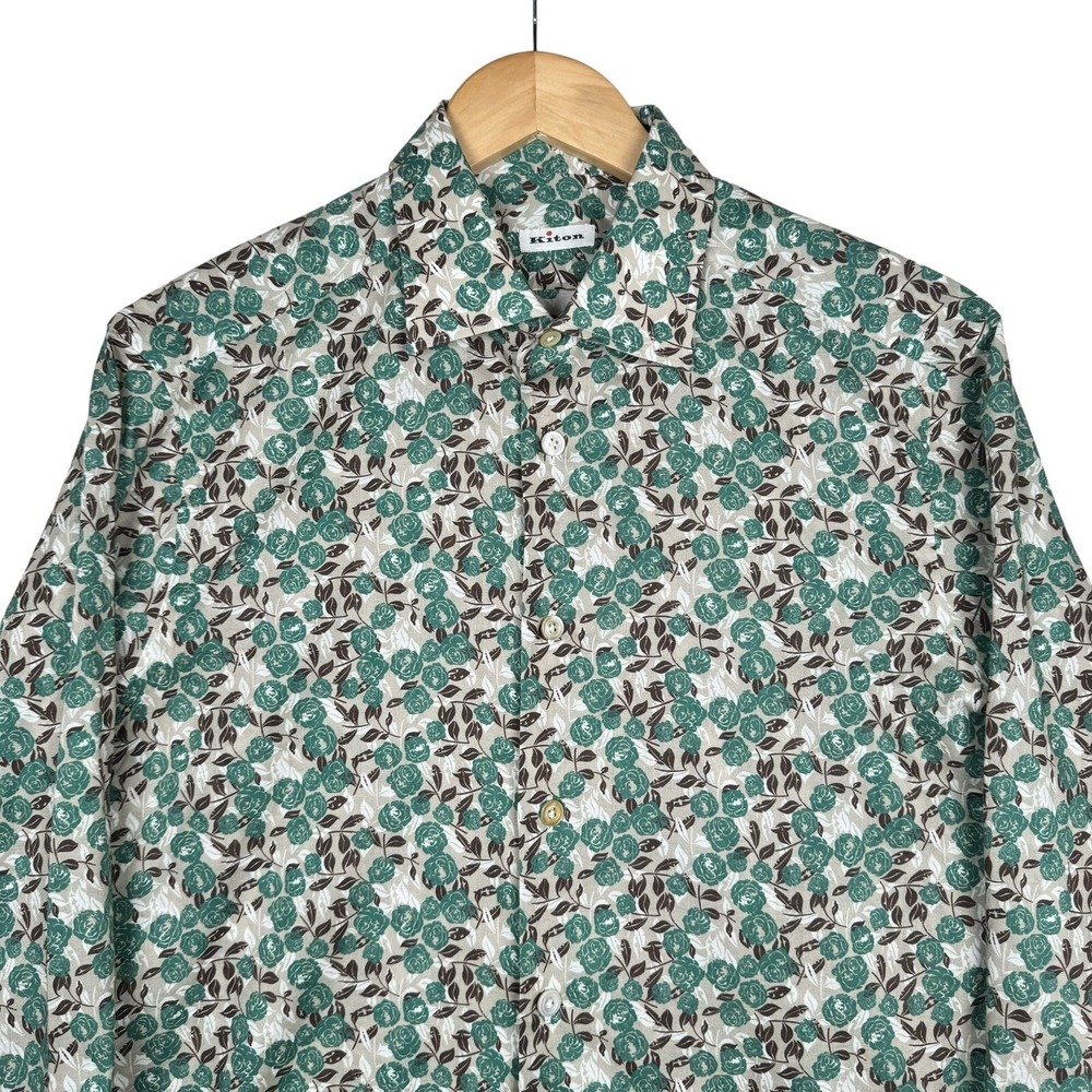 Kiton Italy Floral Button Up Shirt Brown Green Cotton - 15 3/4 - 40